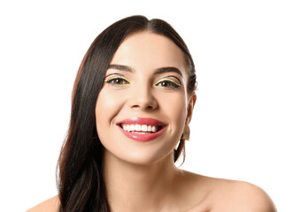 Obraz premium Beautiful young woman with stylish makeup on white background