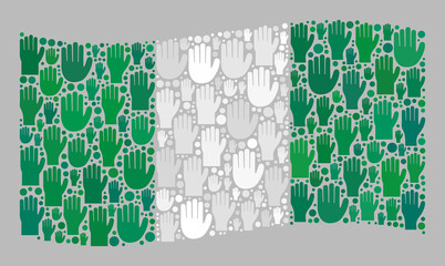 Mosaic waving Nigeria flag created of raised up choice hand elements. Vector vote mosaic waving Nigeria flag designed for party applications. Nigeria flag collage is designed of referendum hands.