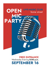 Classic "Open Mic Party" vector poster in retro colors. Retro style promo - vector template for concert, stand-up or music event. Modern poster with old style microphone.