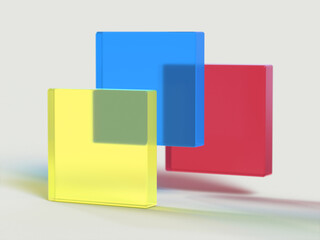 3D rendered shapes in yellow, blue and red colors. Illustration for avant-garde decorations, colorful shapes, or conceptual minimalism. Visualization for geometry and abstract objects.