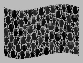 Mosaic waving black flag designed of raised volunteer palm items. Vector political mosaic waving black flag designed for party wallpapers. Black flag collage is formed of choice palms.