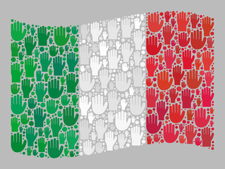 Mosaic waving Italy flag created of raised vote palm icons. Vector political mosaic waving Italy flag created for support projects. Italy flag collage is organized from choice hands.