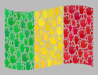 Mosaic waving Mali flag constructed with upwards referendum palm items. Vector vote mosaic waving Mali flag constructed for referendum posters. Mali flag collage is designed of volunteer palms.