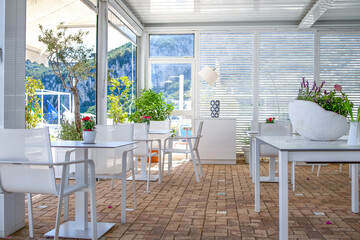 View of seaside restaurant on the empty terrace