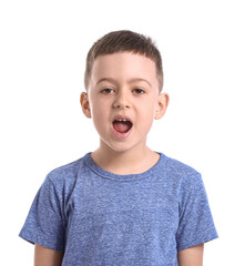 Little boy training pronounce letters on white background