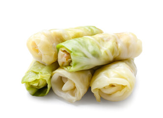 Uncooked cabbage rolls on white background