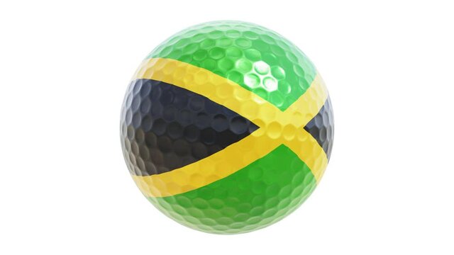 Realistic looping 3D animation of the Jamaica flag spinning golf ball rendered in UHD with alpha matte