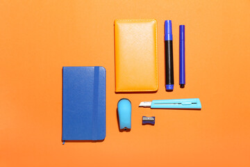 School supplies on color background