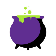 Witch cauldron with green goo. Halloween element. Black cauldron in flat style. Preparation of magic potion. Modern vector illustration. Isolated.