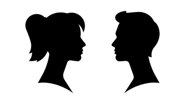 Silhouette of couple. Male and female face. Opposite each other, side view. Beautiful woman and handsome man. Realistic shape of face. Abstract people profile. Modern vector illustration.