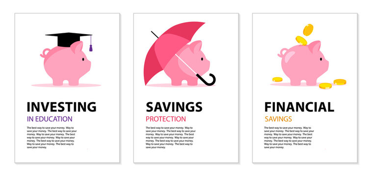 Concept of finance insurance, safe investment, banking, education. Set of posters. Piggy bank under red umbrella, in graduates hat, with coins. Modern vector illustrations for cover, poster, adv.