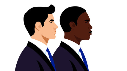 Two businessmen. Men in black business suits. Portraits of entrepreneur, office worker, specialist. Realistic portrait of beautiful persons. Modern vector illustration.