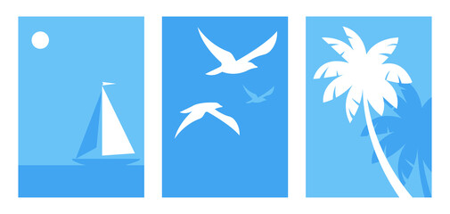Fototapeta na wymiar Seascape and nature. Abstract illustrations of the sea, gulls in the sky, palm trees, sailing boat on the horizon. Set of illustrations for posters, postcards, banners, covers.