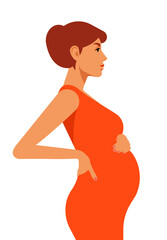 Pregnant woman with her tummy. Realistic female portrait - beautiful face, hairstyle, white skin, caucasian ethnicity. Beauty dressed in vivid clothes touching the belly. Side view. Perfect vector.