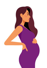 Pregnant woman with her tummy. Realistic female portrait - beautiful face, long hair, white skin, caucasian ethnicity. Beauty dressed in vivid clothes touching the belly. Side view. Perfect vector.