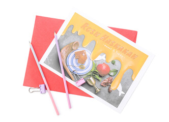 Greeting card for Rosh hashanah (Jewish New Year) with envelope on white background