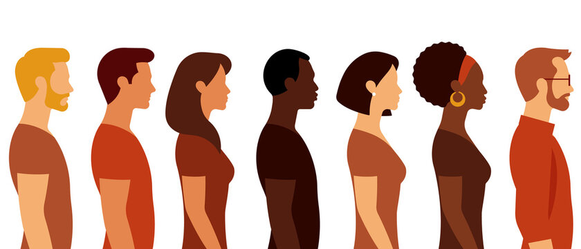 Multi-ethnic Group Of Different People. Handsome Men And Beautiful Women. The Line Of People One Direction. Abstract Portraits, Side View, Isolated. Modern Vector Illustration.