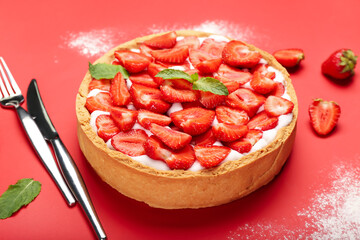 Tasty strawberry pie on color background