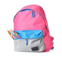School backpack with pencils on white background