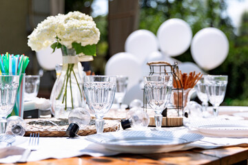 Festive white table setting in the backyard garden. Summer children's party, garden party, real domestic life.