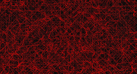 Red chaotic lines on a black background. Hand drawn lines. Tangled chaotic pattern. Vector illustration.