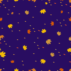 Fototapeta premium Seamless pattern autumn leaves on blue background, Endless design random maples laves in yellow and orange colour for Autumnal or Fall season background