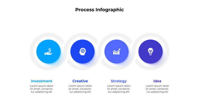 Four circle elements in horizontal row for infographic and presentation. Concept of 4 steps of business development process