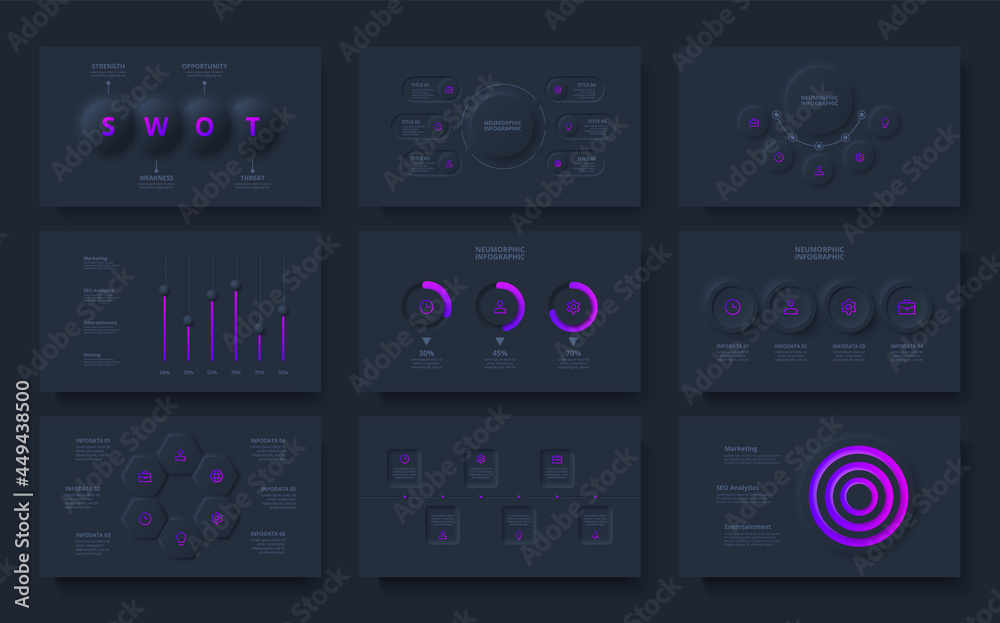 Poster Set of infographic slides in dark neumorphic style. Business data visualization for presentation. Vector info graphic. Unique neumorphism ui ux design kit