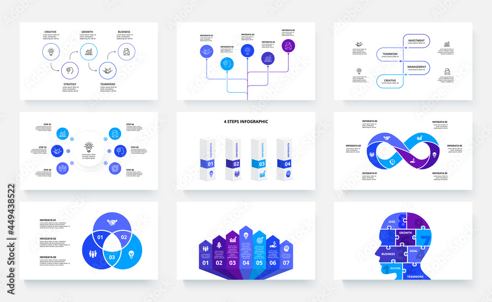 Poster nine slides with infographics elements. circles, puzzle, arrows and charts info graphic design templ