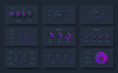 Set of infographic slides in dark neumorphic style. Business data visualization for presentation. Vector info graphic. Unique neumorphism ui ux design kit