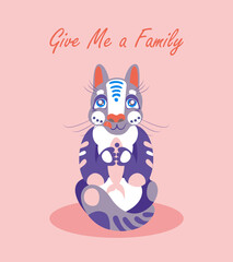 International Homeless Animals Day. Give me a family. A cute blue cat and a fish on the soft pink background