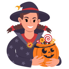 Caucasian girl with halloween pumpkin dressed as a wizard. Flat style Illustration