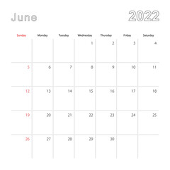 Simple wall calendar for June 2022 with dotted lines. The calendar is in English, week start from Sunday.