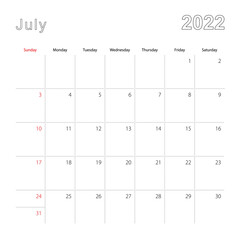 Simple wall calendar for July 2022 with dotted lines. The calendar is in English, week start from Sunday.