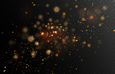 Gold glitter dust on a dark background with lens flares and light effects.