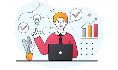 Working at computer concept. Business developement, career success or growth and opportunity. Man performs tasks on laptop. Cartoon doodle flat vector illustration isolated on a white background