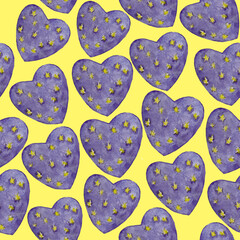 Watercolor hand drawn artistic hears pattern, starry violet hearts, yellow violet background