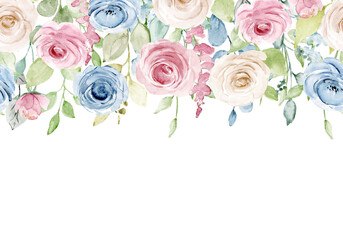 Watercolor blue and pink flowers roses. Floral summer repeat border for printing invitations, greeting cards, wall art, stickers and other. Isolated on white. Hand painted.