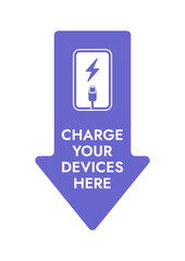 Vector Arrow Sticker - Charge your devices here. Easy editable amethyst color information poster - Free charge.