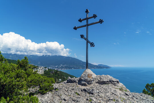 Orthodox cross on Mount Krestovaya in the village of Oreanda. Crimea. Yalta.