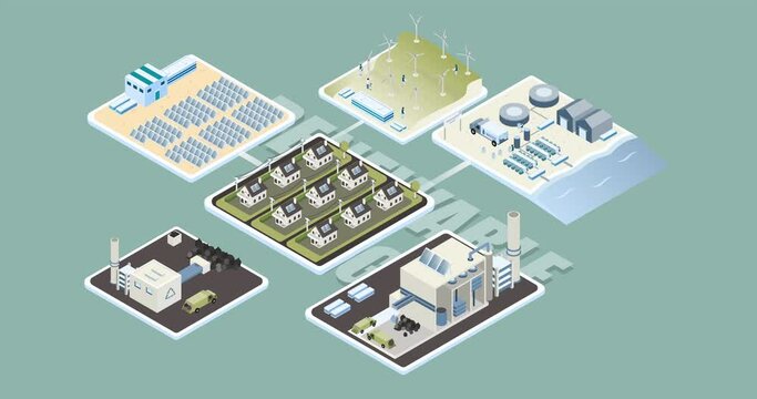 A digital illustration of renewable energy sources powering up a neighborhood