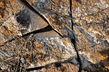 Deep cracks in the ground as a symbol of hot climate and drought.
