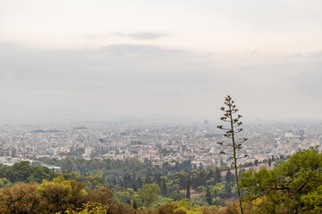 Athens city center streets with white buildings architecture in greenery on gray foggy day. Rooftop view from Filopappou Hill park near Acropolis, Greece