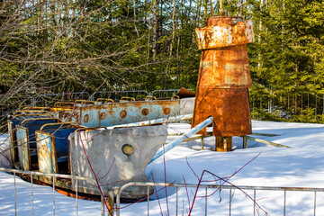 Old children's attraction train on the territory of an abandoned children's camp, a former pioneer...
