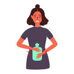 A flat vector cartoon illustration of an unhappy woman who relieves pain in the abdominal area with a rubber heating pad.