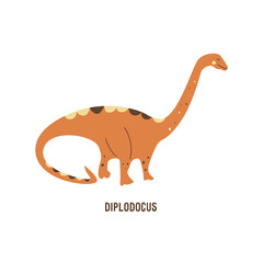 Dinosaur diplodocus. Sauropod. Large extinct ancient reptile, Jurassic period. Mesozoic era. Colorful vector isolated illustration hand drawn. White background. Cute dino