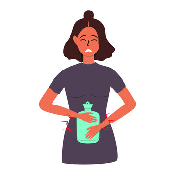 A Flat Vector Cartoon Illustration Of An Unhappy Woman Who Relieves Pain In The Abdominal Area With A Rubber Heating Pad.