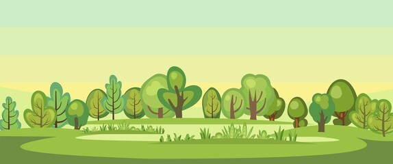 Flat forest. Illustration in a simple symbolic style. Funny green landscape. Comic cartoon design. Cute scene with trees. Country Wild Scenery. Vector