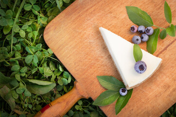 A piece of cheesecake is lying on a wooden cutting board next to a fresh blueberry berry with green leaves top view, flatlay