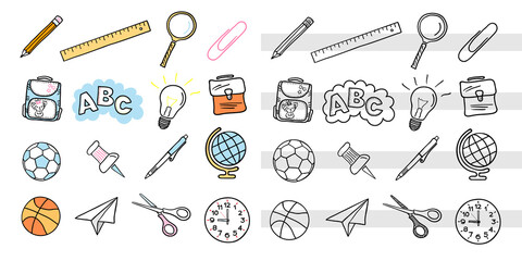 Back to school. Set of various design elements with colored fill and lines. Ruler, pencil, magnifier, paper clip and more. Hand drawing, curved lines. Vector illustration